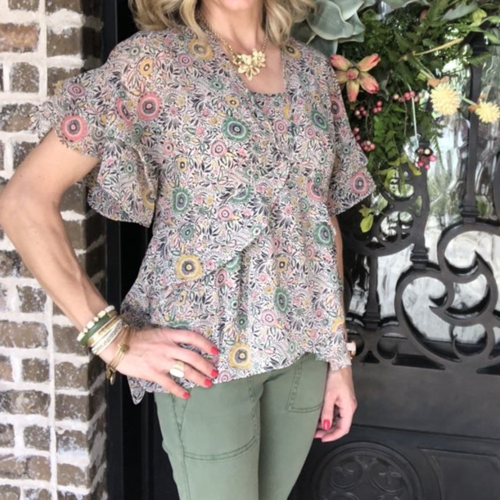 CABI Floral Flutter Sleeve Poet Blouse
